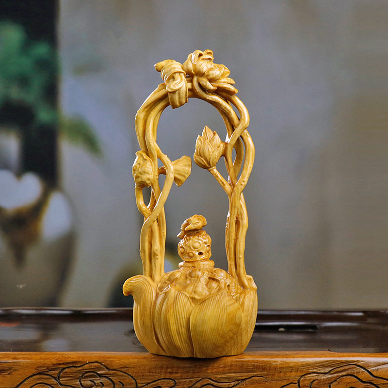 黄杨木雕莲蓬翠鸟提梁壶中式家居茶桌装饰木质工艺品文玩茶宠摆件