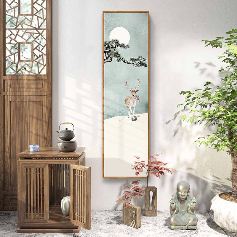 日式原木风玄关客厅装饰画新中式禅意别墅壁画走廊挂画竖版荷花图片