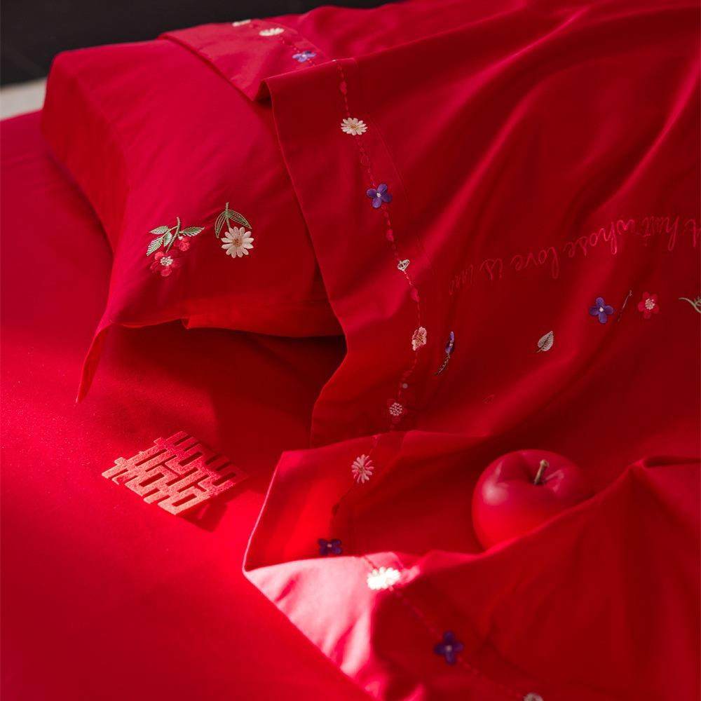 高档红长陪绒棉刺绣婚庆四床件套结婚卧室大被套单嫁LBE床品