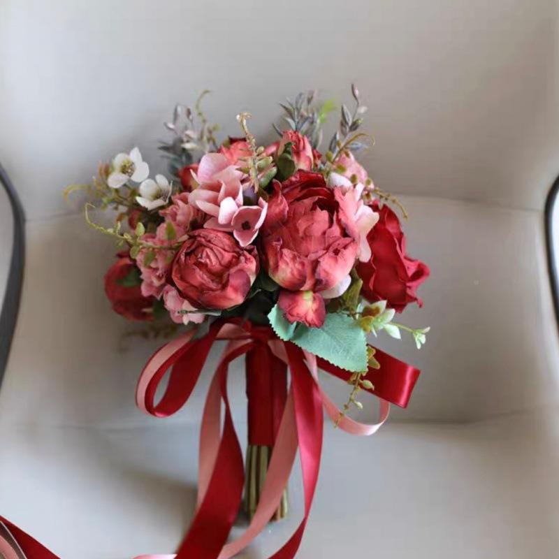 56334414欧式复古烧仿真牡摄丹红色橘色边米色粉色娘伴新娘手捧花