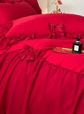 简约结婚EAX四套大红色备婚床单被纯棉主公婚庆件床上用品套婚房