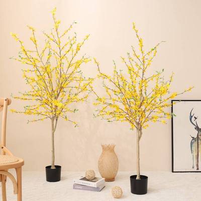 仿真迎春花树盆栽田园迎春树假树酒店民宿装饰花落地盆景摆件