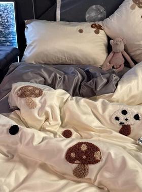 凉感水洗件床四套冰丝套浪被漫玫瑰床单上丝HZI滑裸睡三件套家居