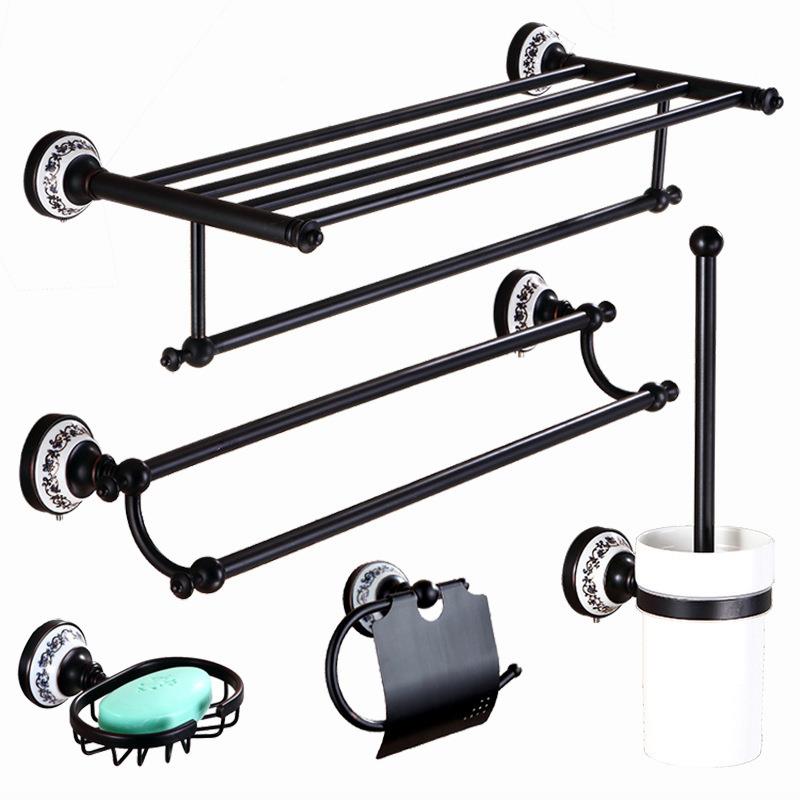 全铜黑毛巾架套装青花瓷浴室挂件件卫间生套色GEG浴巾置物架