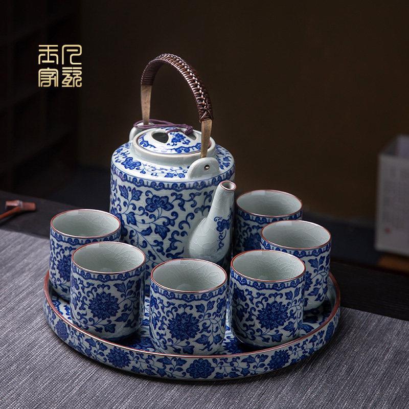 套青花德功夫茶具组家用老陶泥缠景镇陶瓷茶壶老陶泥大号提梁瓷壶