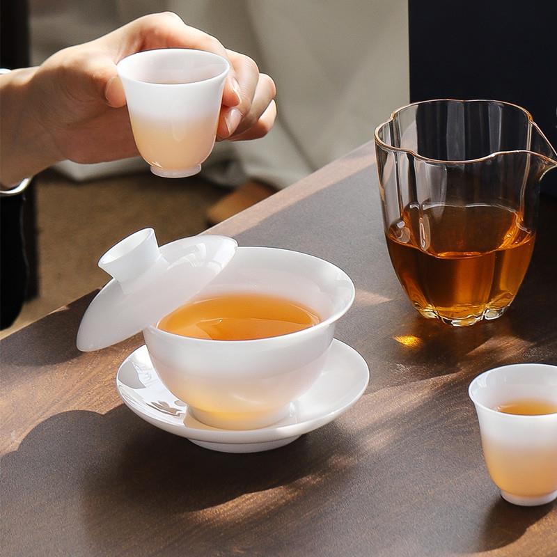 冰种冻玉碗瓷可悬号停盖茶茶杯白陶瓷三KUS才茶碗套装功夫茶具大