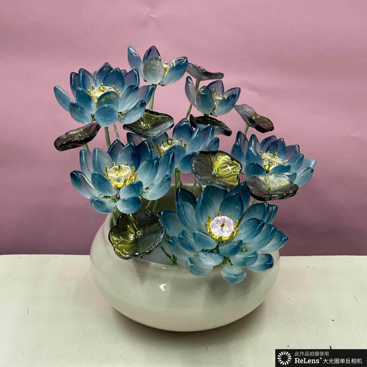 高档琉璃手工荷花仿真花佛堂盆供佛莲ACZ新中】式客厅花摆设件假