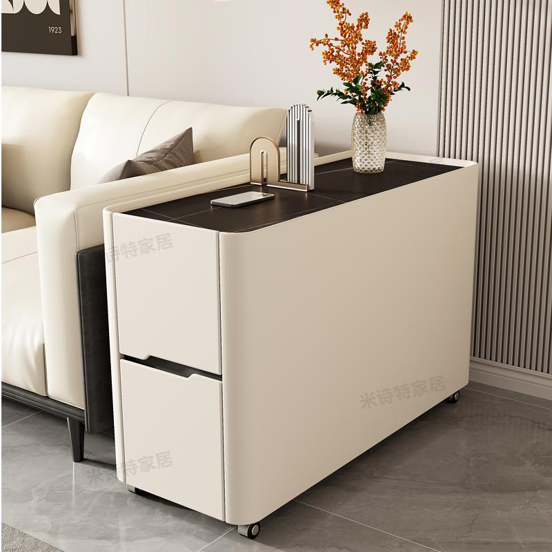 现代简约实木沙发边柜带轮可移动客厅家用茶几柜意式轻奢岩板边几