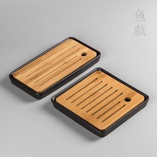 功夫小茶盘家用简约干泡盘储水托盘迷你功夫茶具茶台 鱼戏陶瓷日式