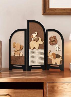 中古风大象屏风茶桌摆件覆古餐柜斗柜摆画 画客厅桌面玄关柜装饰
