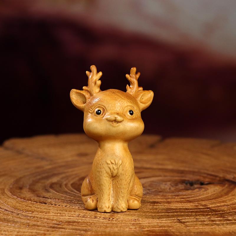 黄杨木雕梅花鹿摆件中式小鹿木质雕刻一鹿平安手把件汽车家居饰品