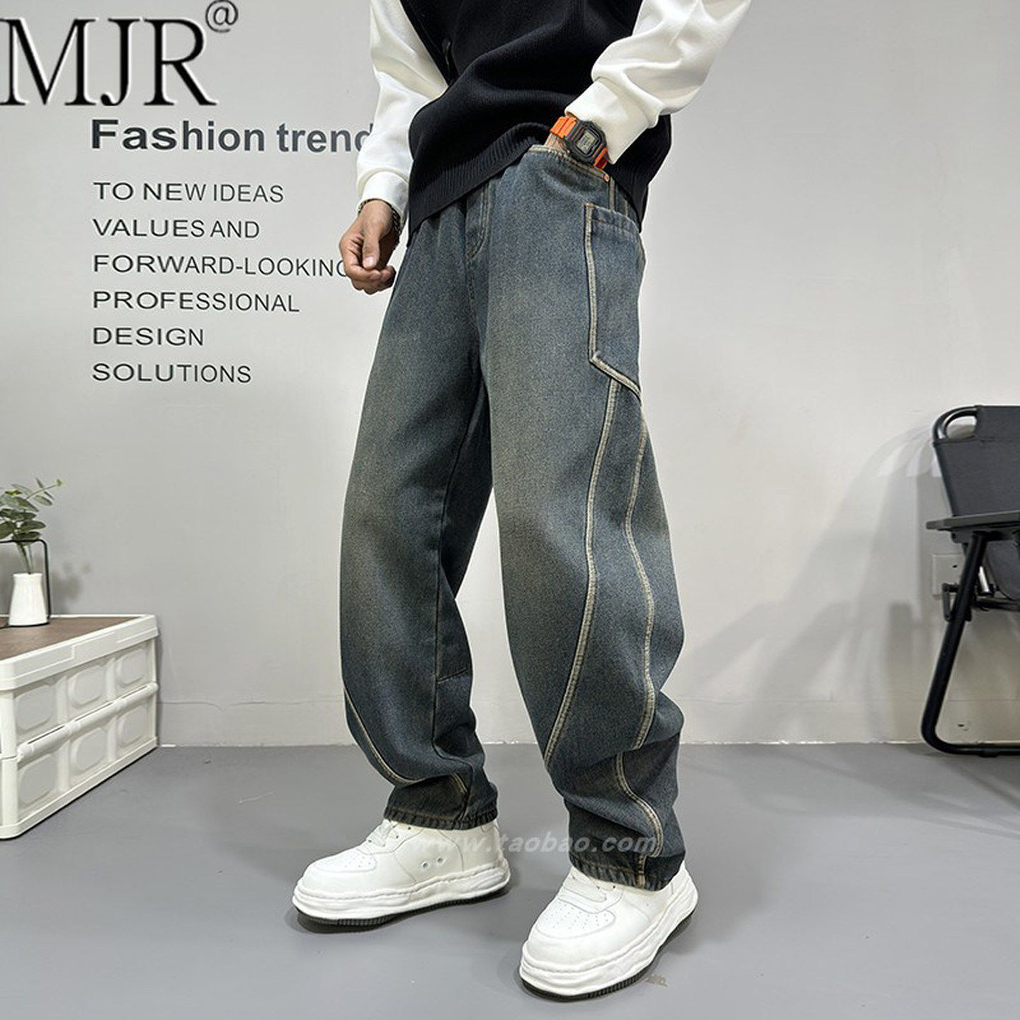 潮牌美式复古直筒牛仔裤男士2025年秋冬季新款加绒裤子男款弯刀裤