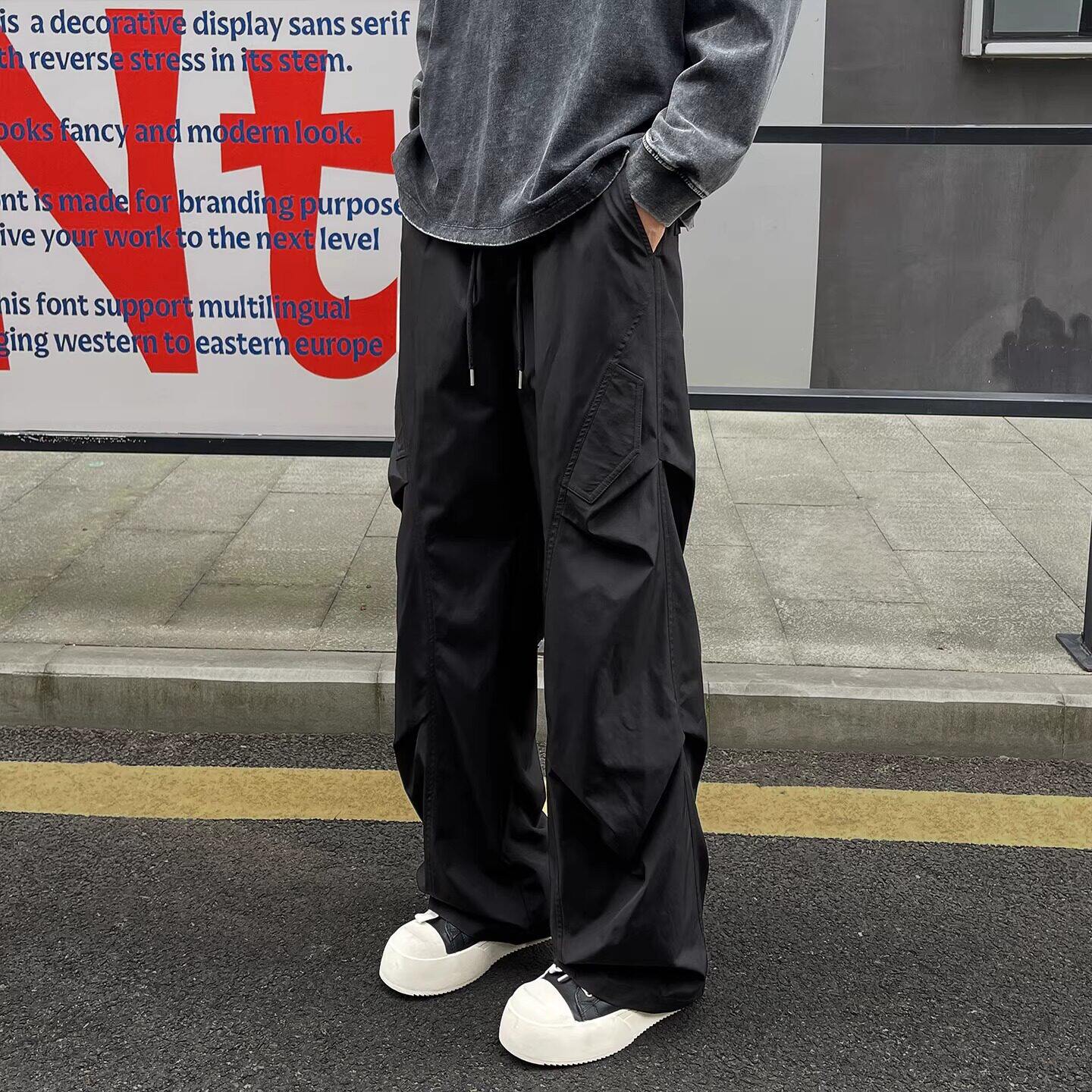 韩国Uamtor美式工装伞兵裤男2026春夏薄款直筒宽松黑色运动休闲裤图片