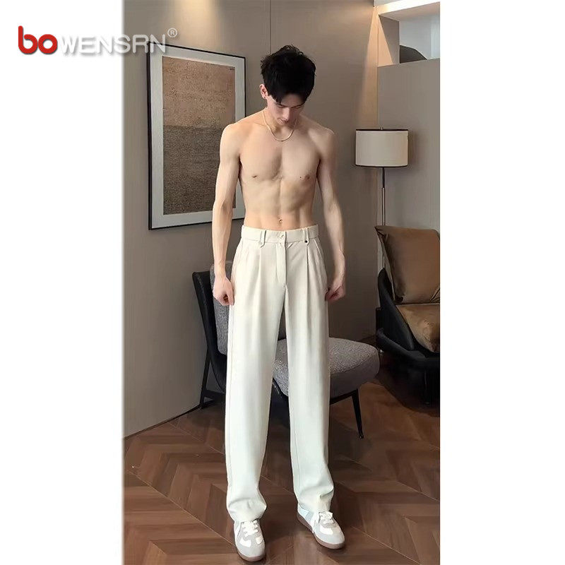 高级感米白色休闲西裤男士2026新款夏季薄款男裤冰丝直筒裤子男款