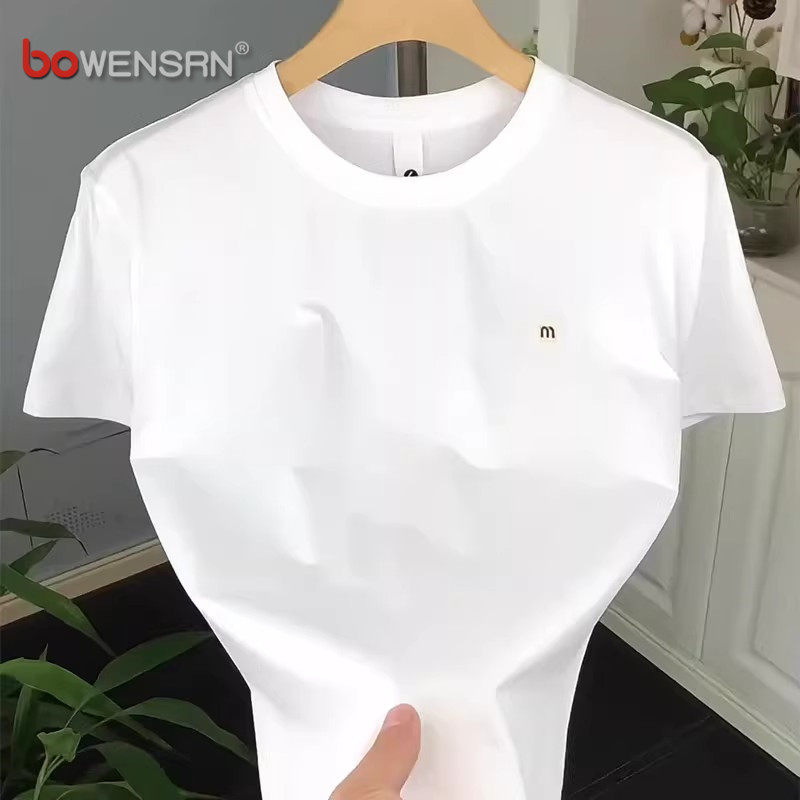 潮牌白色刺绣短袖t恤男士2026新款夏季纯棉修身正肩半袖上衣男款