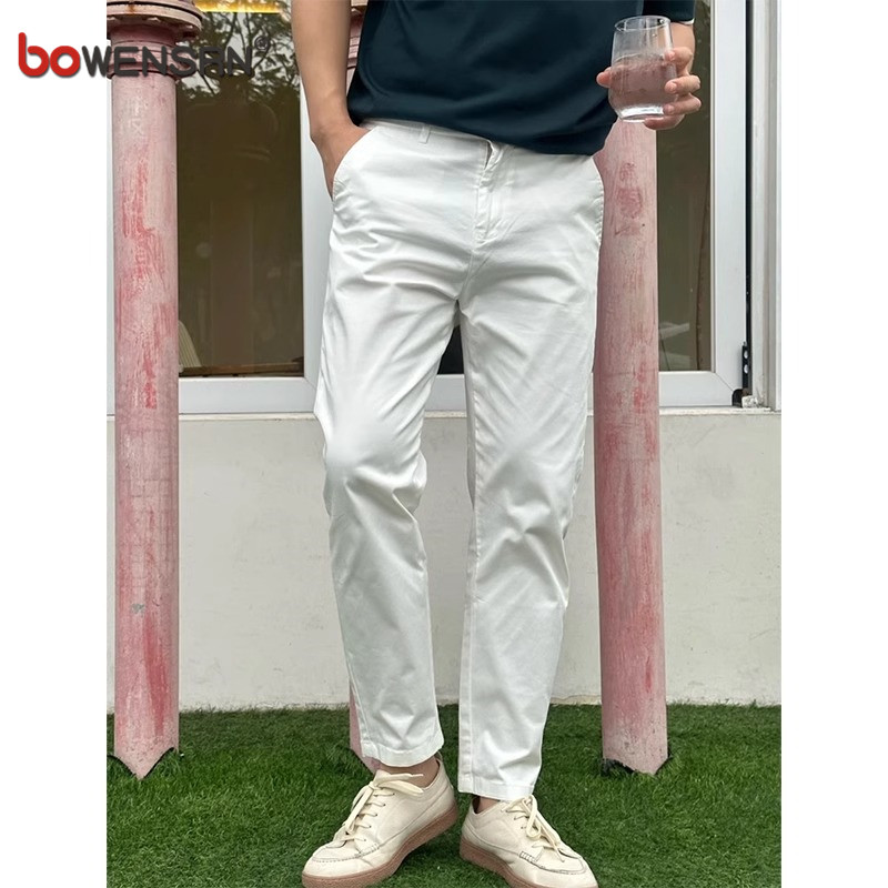 高端白色休闲裤子男士2026新款春秋季男裤修身直筒九分西装裤男款