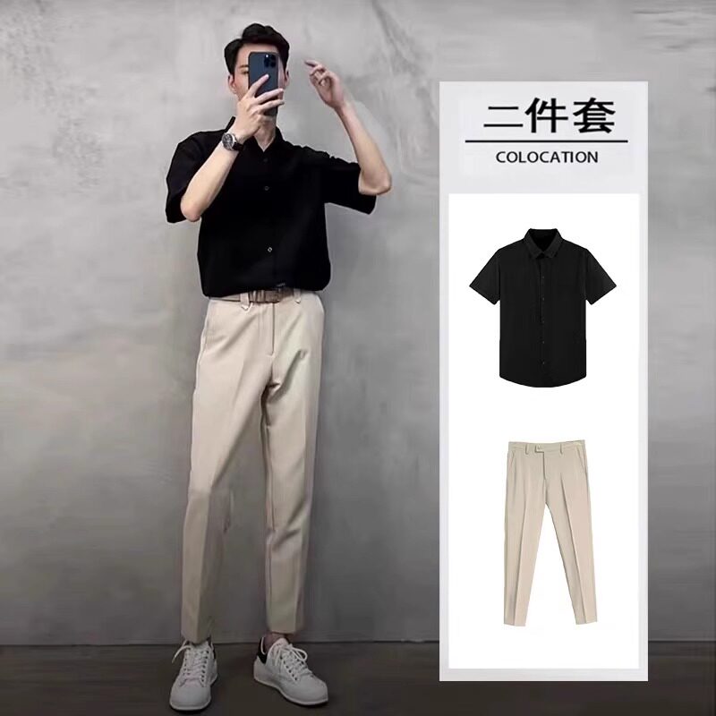 韩国Uamtor夏季冰丝衬衫裤子套装男休闲轻熟短袖潮流高级垂感衬衣