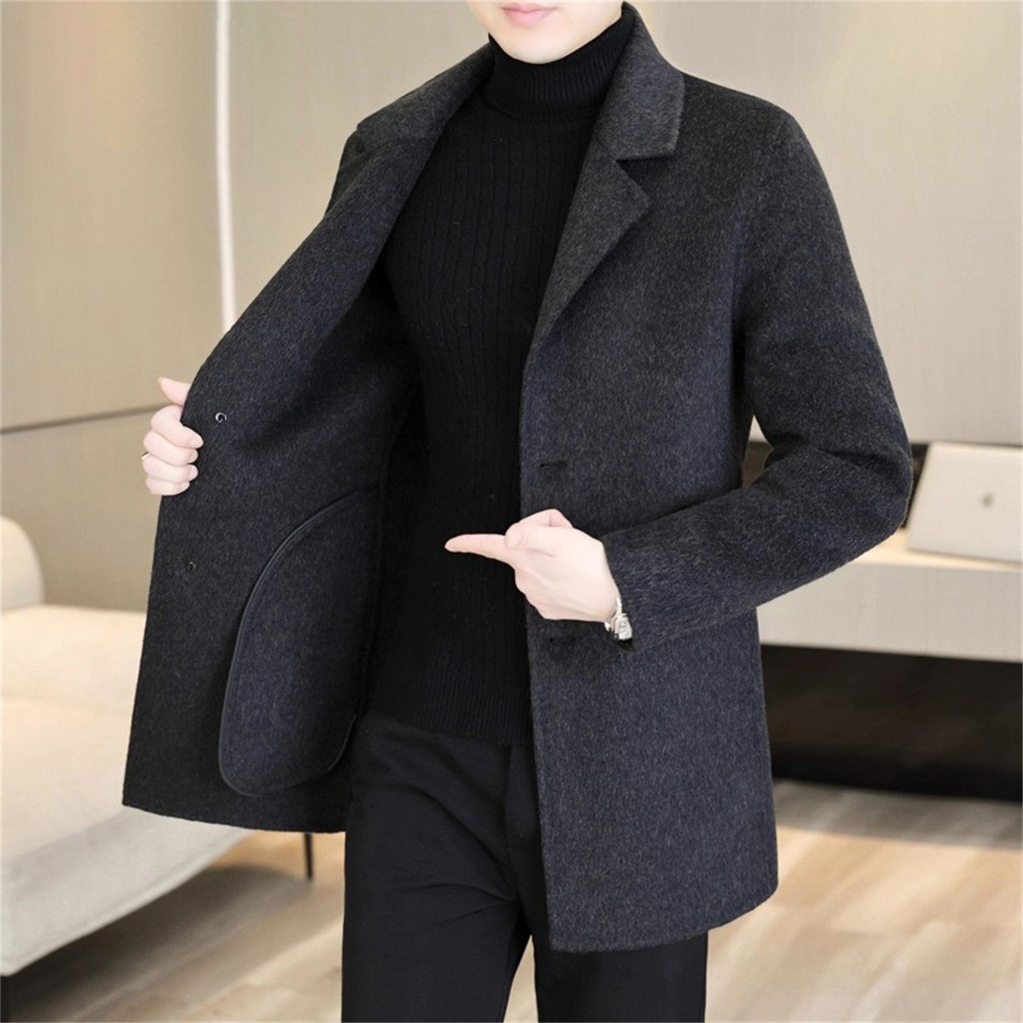 高端毛呢中长款大衣外套男士2025年新款冬季装羊毛绒正肩风衣男款,男装,毛呢大衣,淘宝优惠券,粉丝福利购,淘宝优惠卷