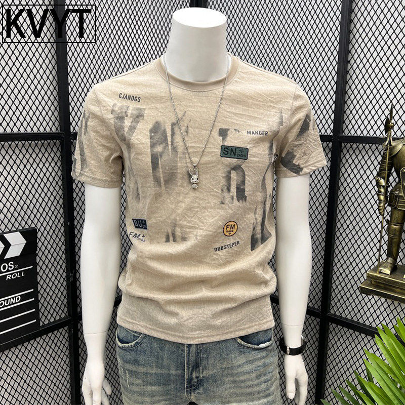 高端冰丝短袖t恤男士夏季薄款天丝麻上衣痞帅男装棉麻半袖体恤衫