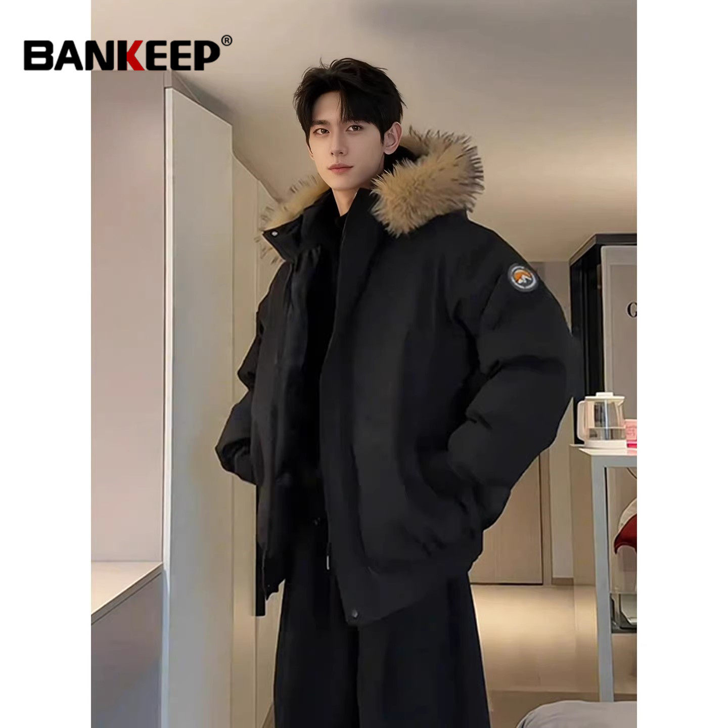 美式黑色派克棉服外套男士2026新款冬装加厚大毛领面包服棉袄男款