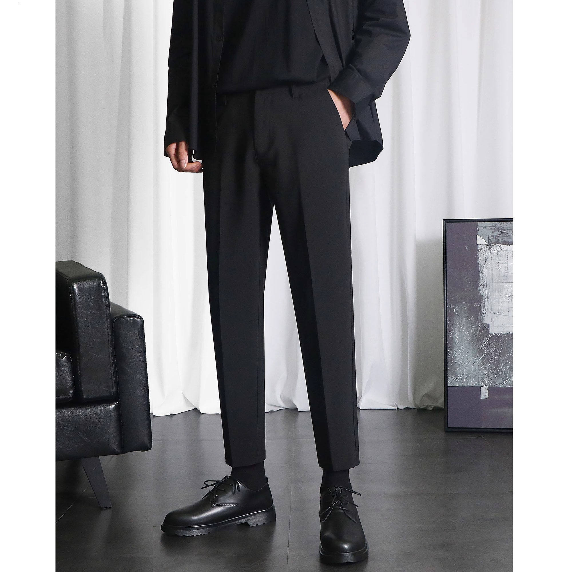 韩国Uamtor小西裤男士春秋款黑色修身直筒九分加绒休闲垂感西装裤