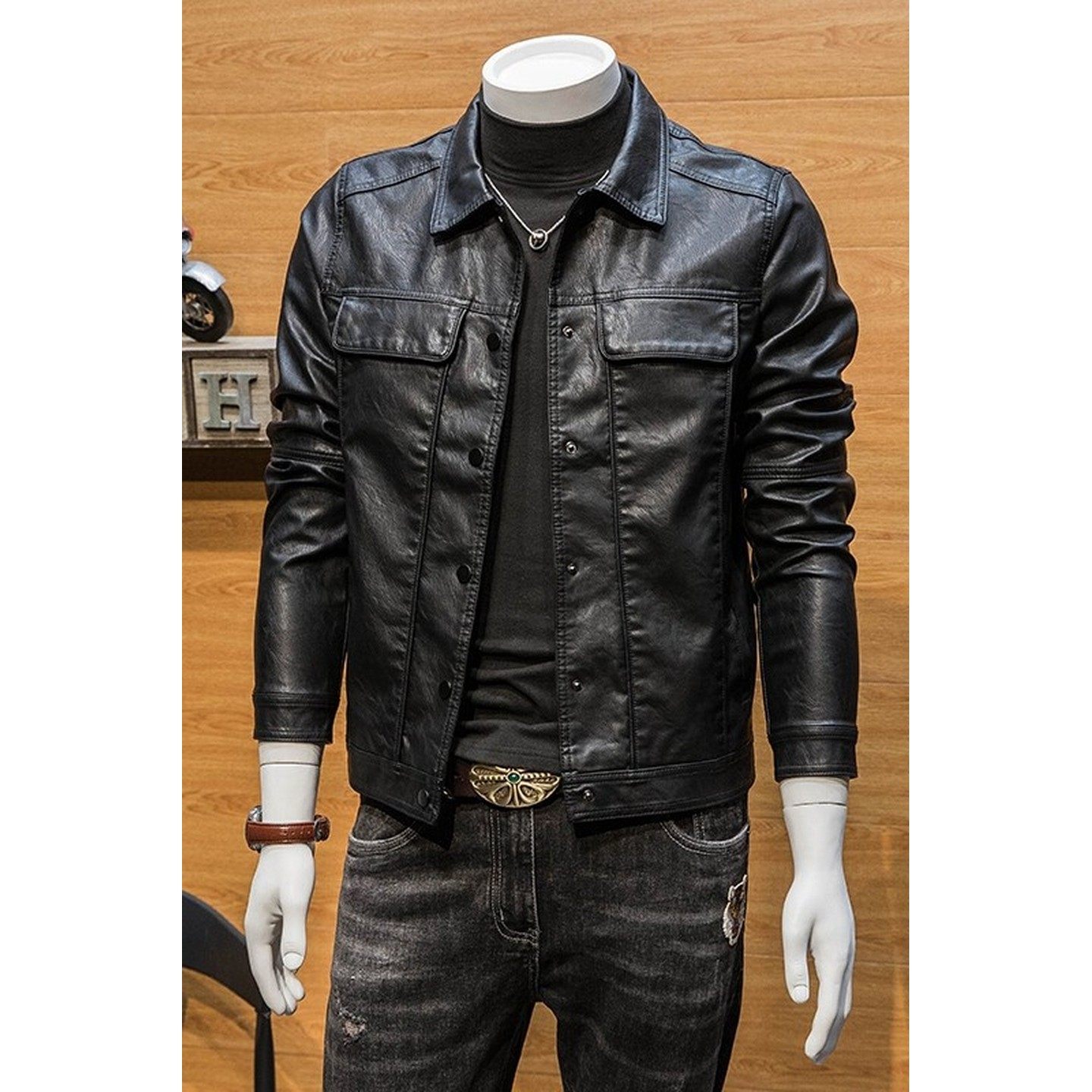 机车风男士皮衣高端专柜秋冬季加绒外套潮流痞帅翻领黑色皮夹克男