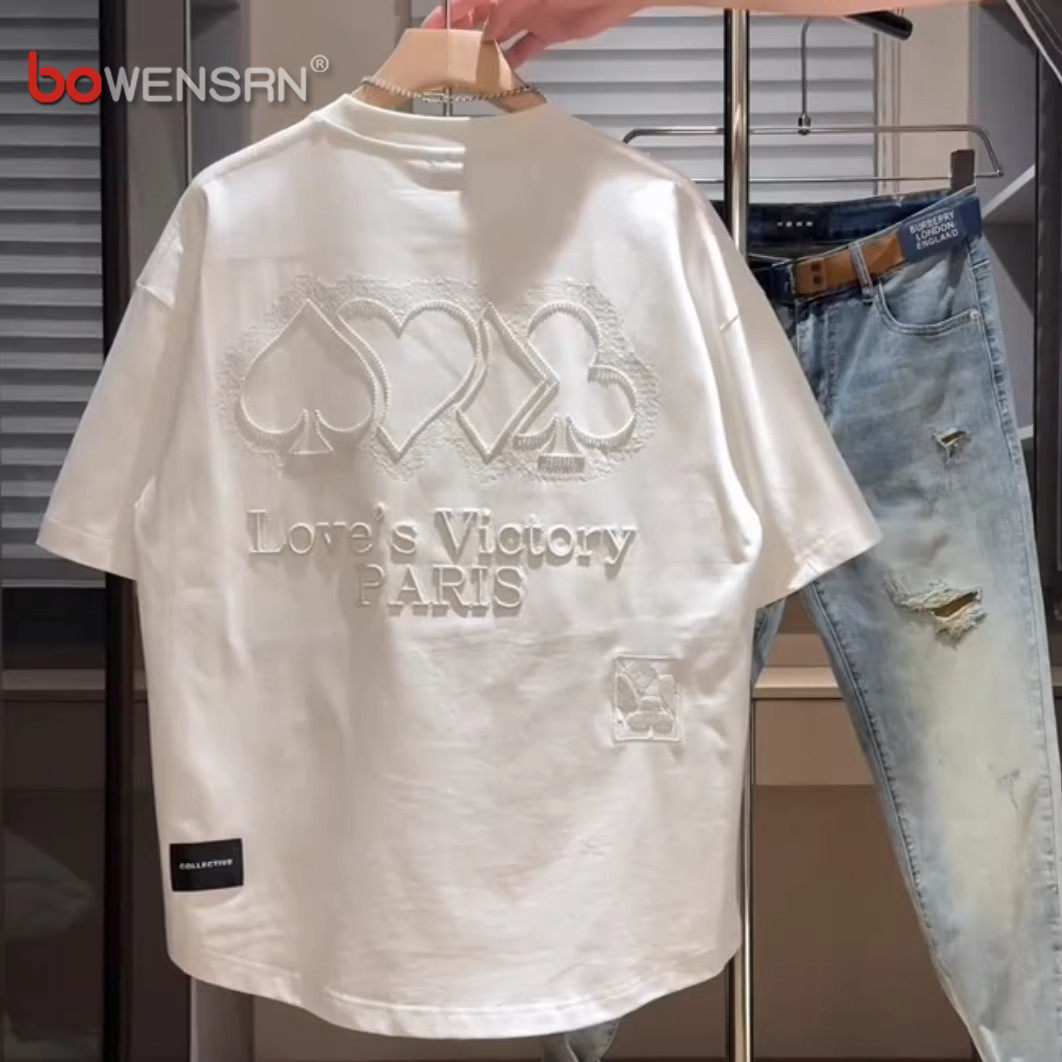 潮牌个性刺绣短袖t恤男士2026新款夏季透气百搭白色圆领上衣男款