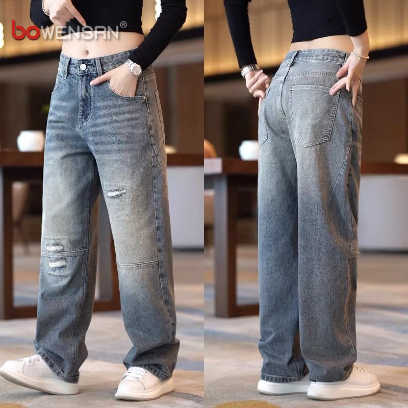 潮牌拼接破洞牛仔裤男士2026新款春夏季男裤垂感直筒休闲裤子男款