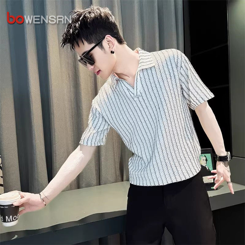 潮牌条纹V领polo衫男士短袖t恤2026新款夏季痞帅休闲半袖上衣男款