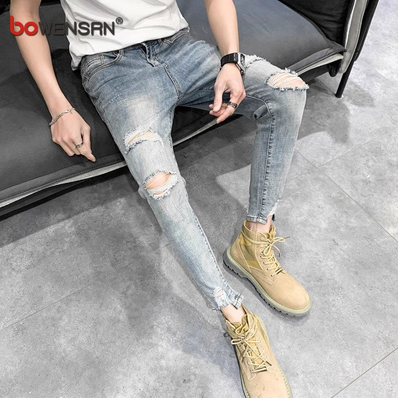 美式破洞牛仔裤男士夏季薄款2026年新款男裤修身小脚九分裤子男款