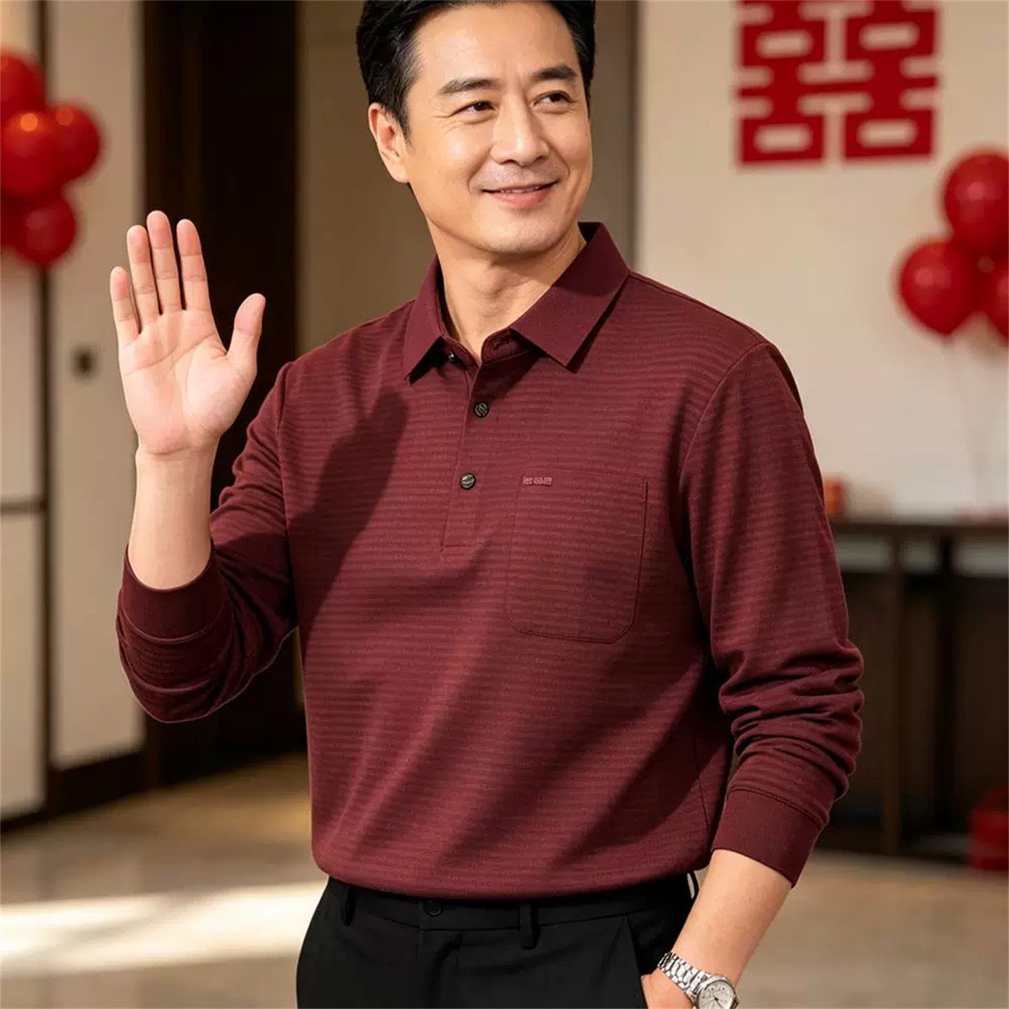 红色POLO衫男士长袖T恤2026新款秋冬季喜公公爸爸婚宴装上衣男款