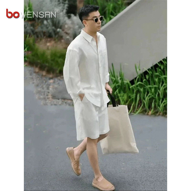 天丝莱赛尔长袖衬衫男士套装2026新款夏季成熟稳重搭配短裤一整套