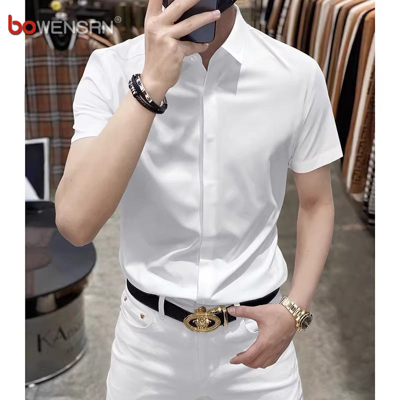 纯色弹力冰丝白色短袖衬衫男士2026新款夏季商务无痕暗扣衬衣男款
