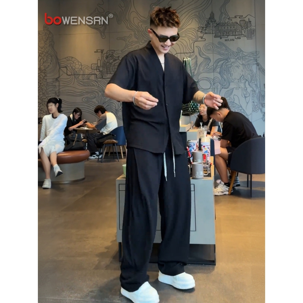 新中式国风V领肌理感男士短袖套装2025新款夏季衬衫裤子一套男装