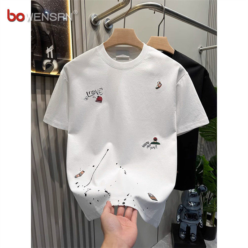 高端白色刺绣短袖t恤男士夏季2026新款潮牌痞帅圆领半袖上衣男款