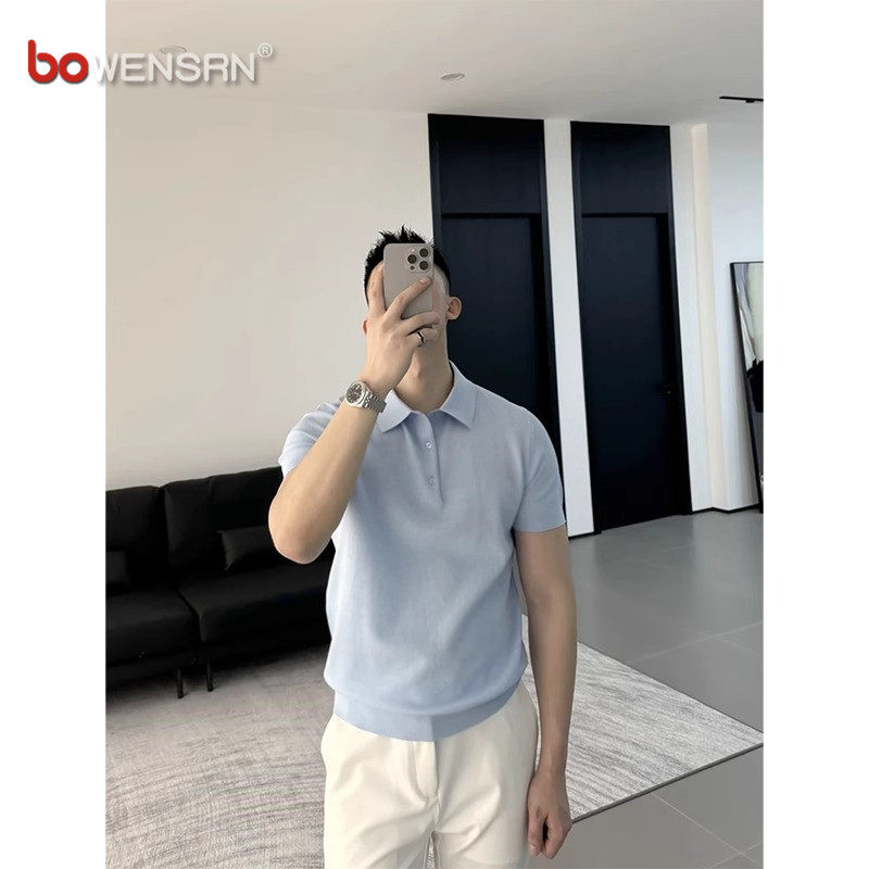 淡蓝色polo衫男士短袖t恤2026新款夏季高级感轻熟风翻领上衣男款