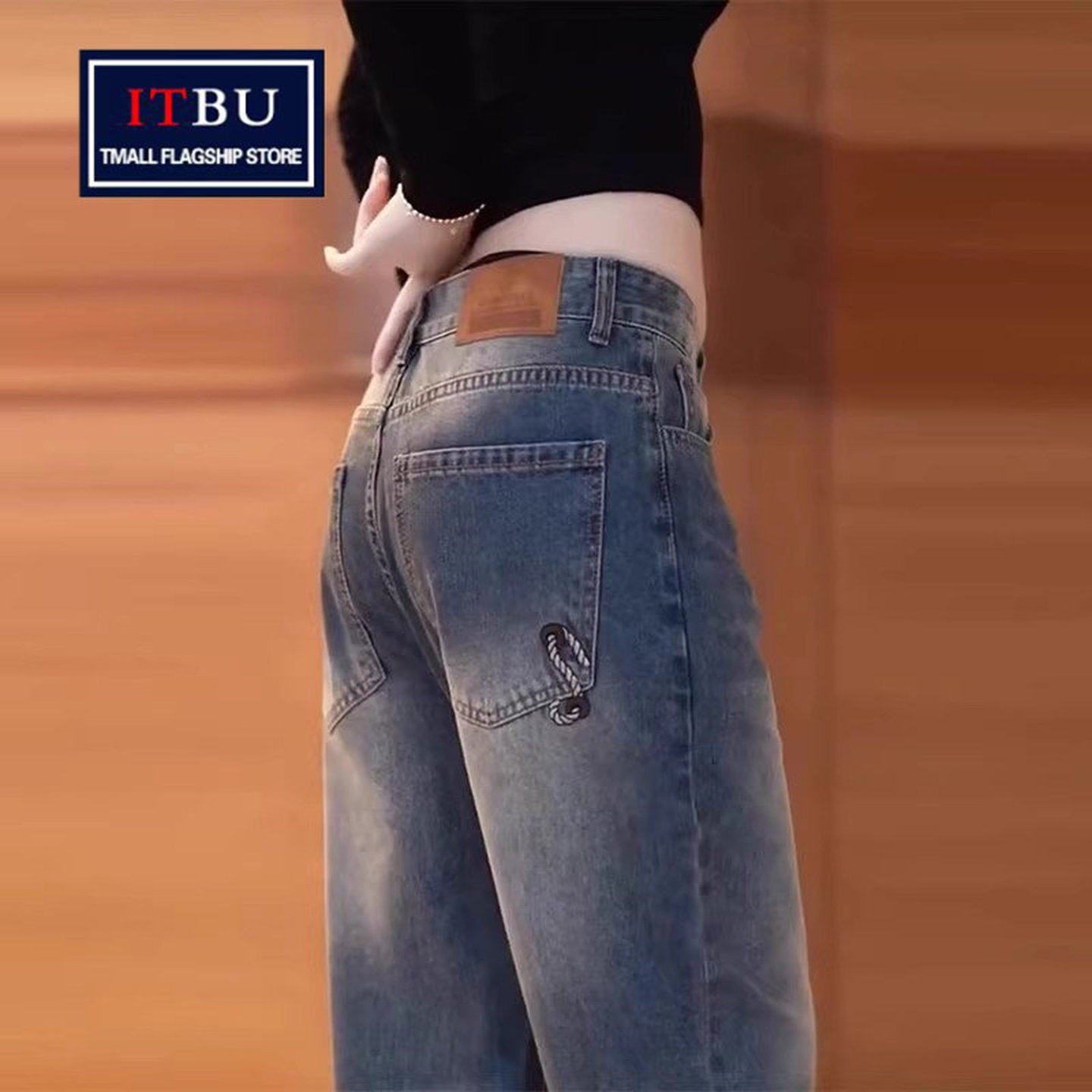 高端复古牛仔裤男士2025新款秋冬季加绒男裤刺绣直筒休闲裤子男款
