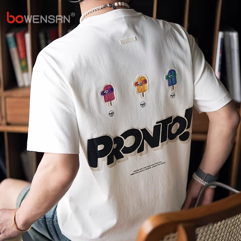 潮牌重工刺绣短袖t恤男士2026新款春夏季港风印花半袖打底衫男款