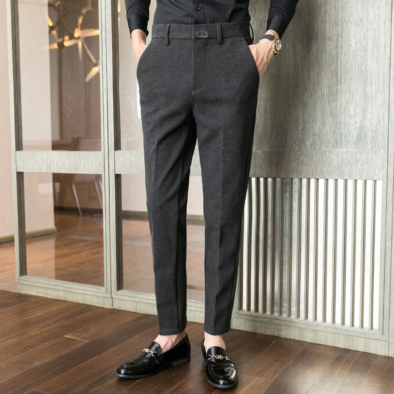 高端2025秋冬季加厚休闲长裤子潮流毛呢西装裤男士小脚直筒九分裤