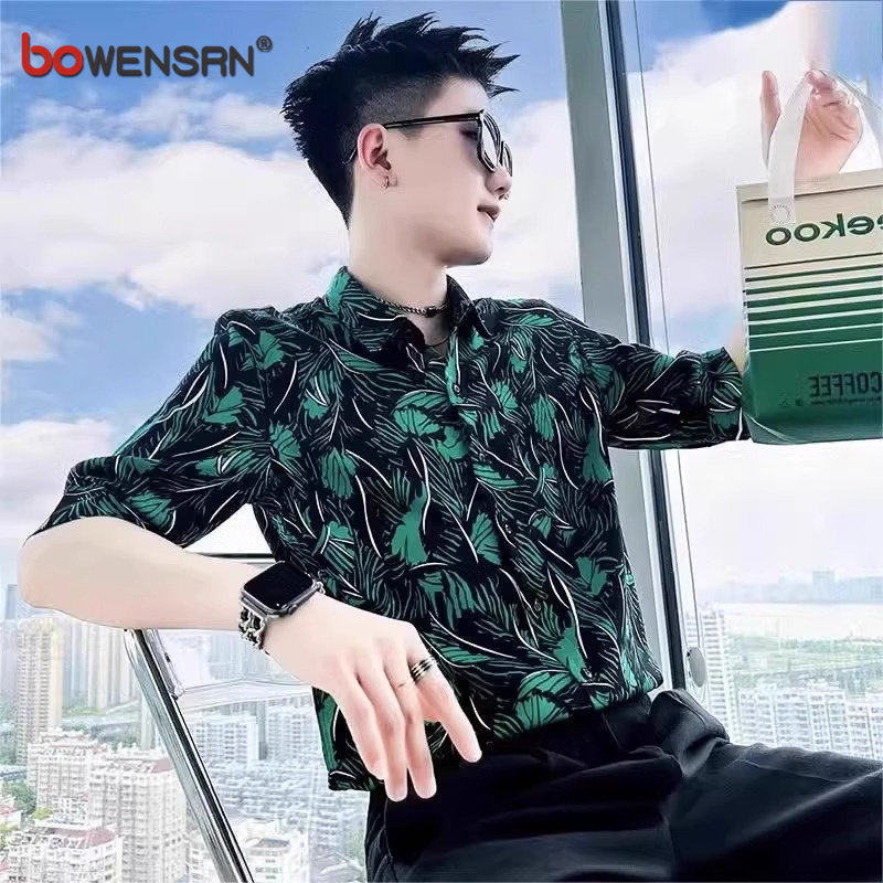 高端冰丝花衬衫男士短袖2026年夏季新款痞帅高级感五分袖衬衣男款