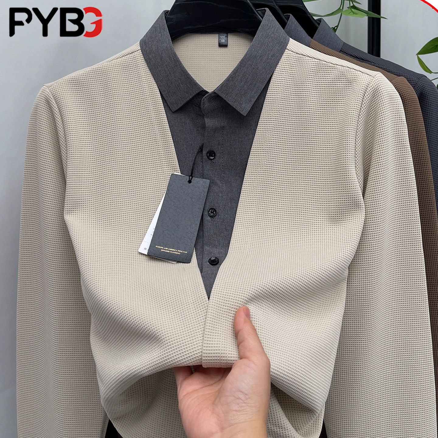 高端假两件长袖t恤男士2025新款春秋季休闲衬衫领卫衣打底衫男款