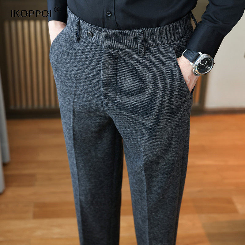 高端毛呢修身直筒抓绒西裤男士2025秋冬季商务休闲加厚保暖西装裤