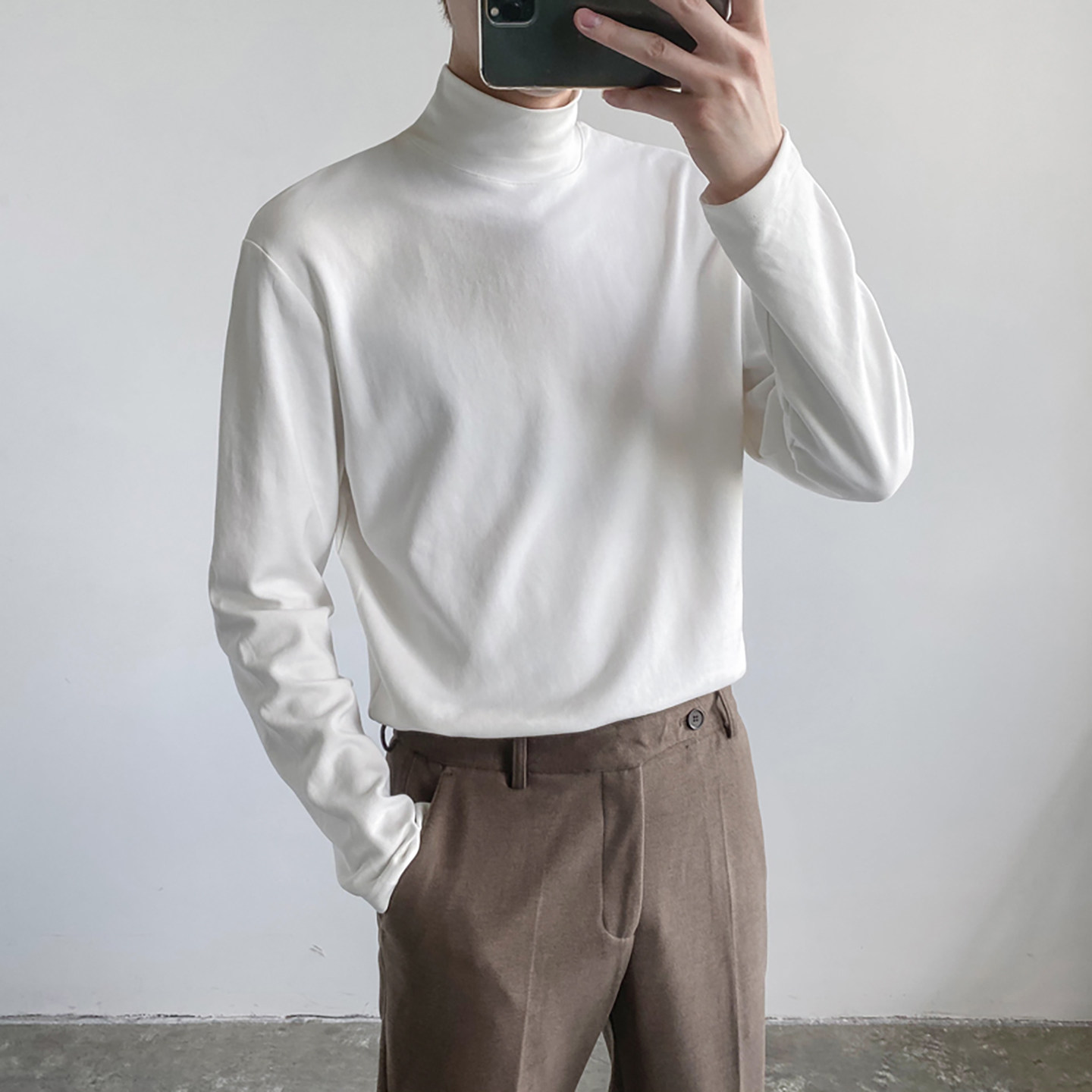 韩国Uamtor长袖T恤男款秋冬季韩版宽松半高领纯色内搭休闲打底衫