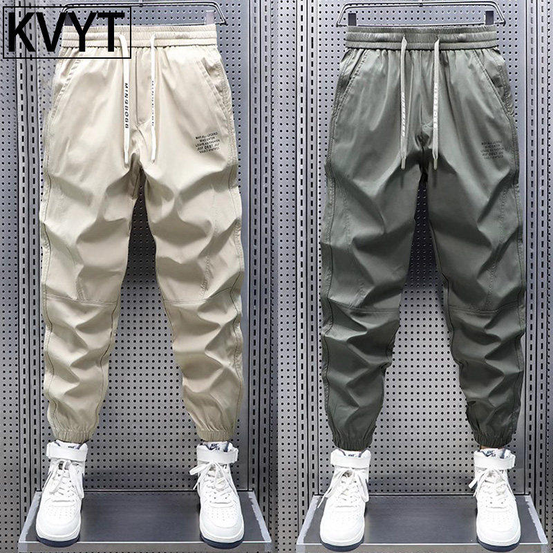 高端男士冰丝休闲裤夏季薄款透气束脚男裤子潮牌网红九分工装裤9