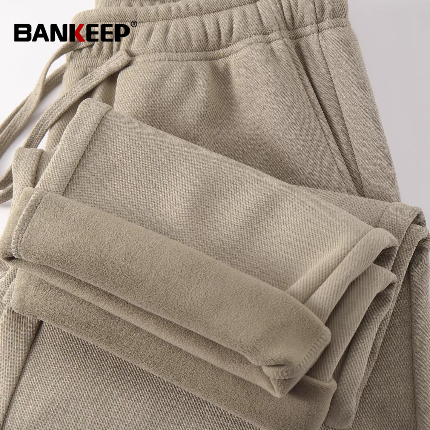 潮牌卡其色针织卫裤男士2026新款冬装加绒厚男裤直筒休闲裤子男款