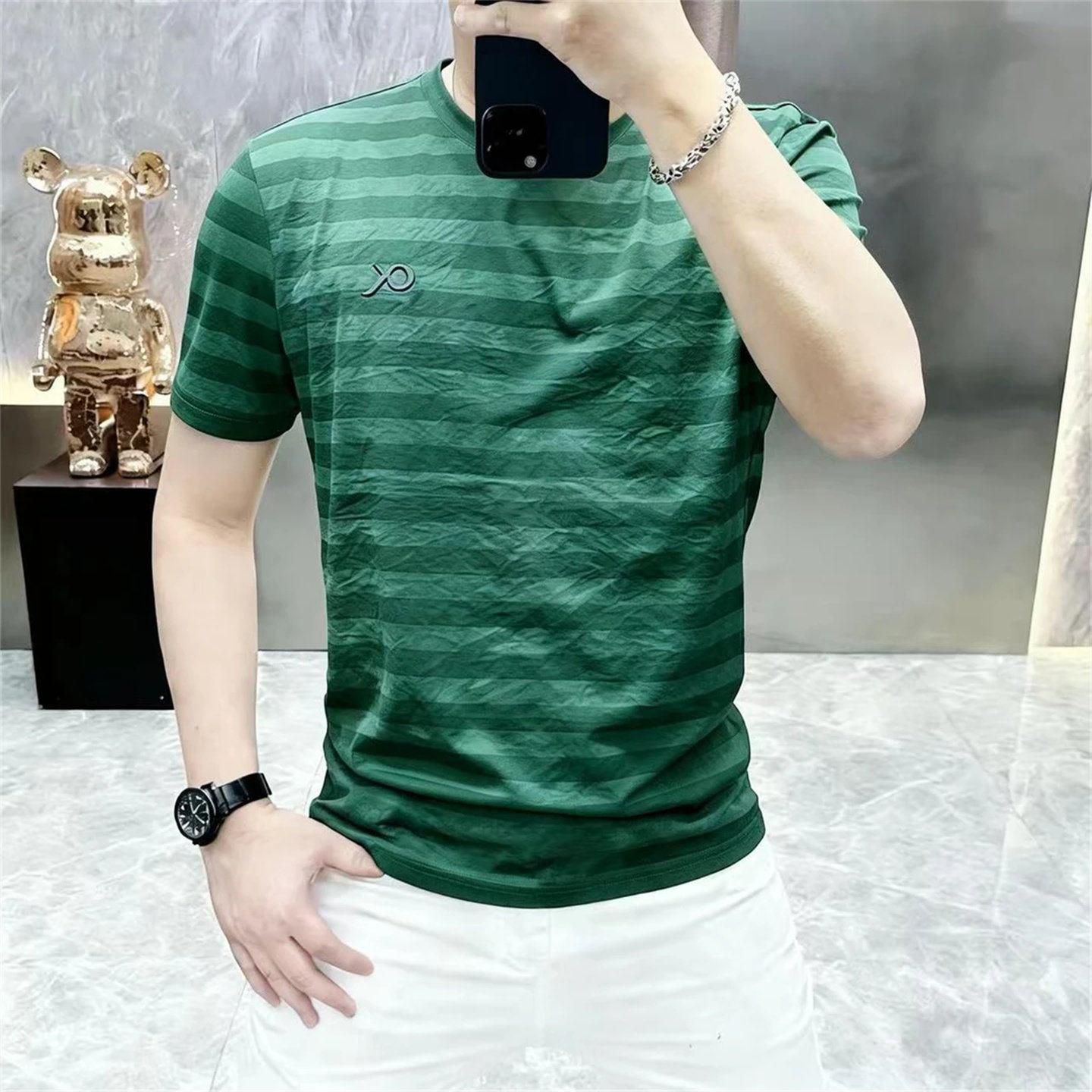 夏季2026新款天丝棉麻短袖t恤男圆领潮流条纹修身薄款半袖体恤潮