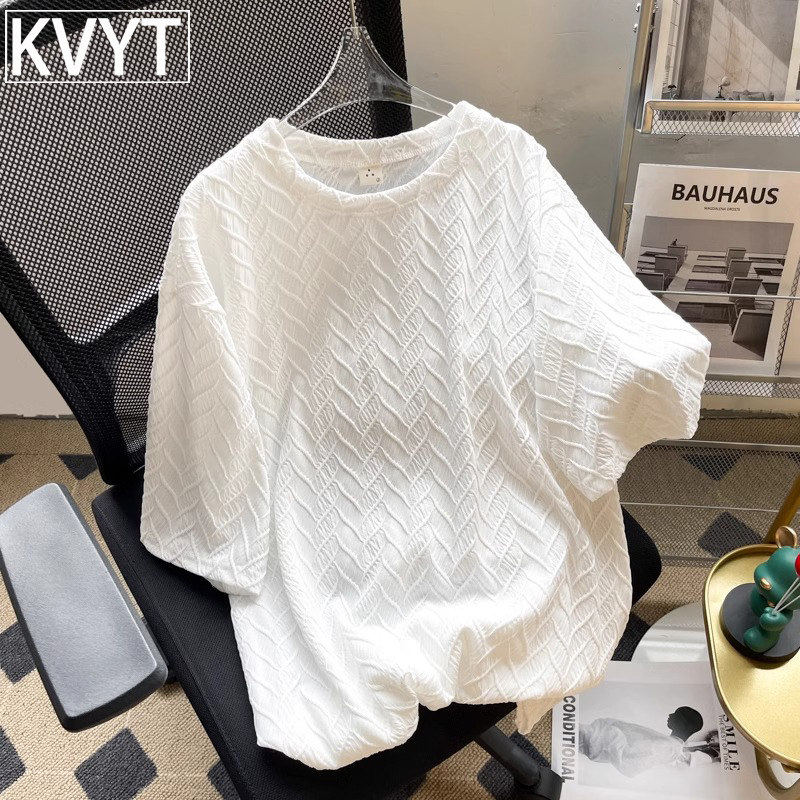 高端冰丝提花短袖T恤男夏季超薄宽松休闲上衣男款潮牌纯色体恤衫