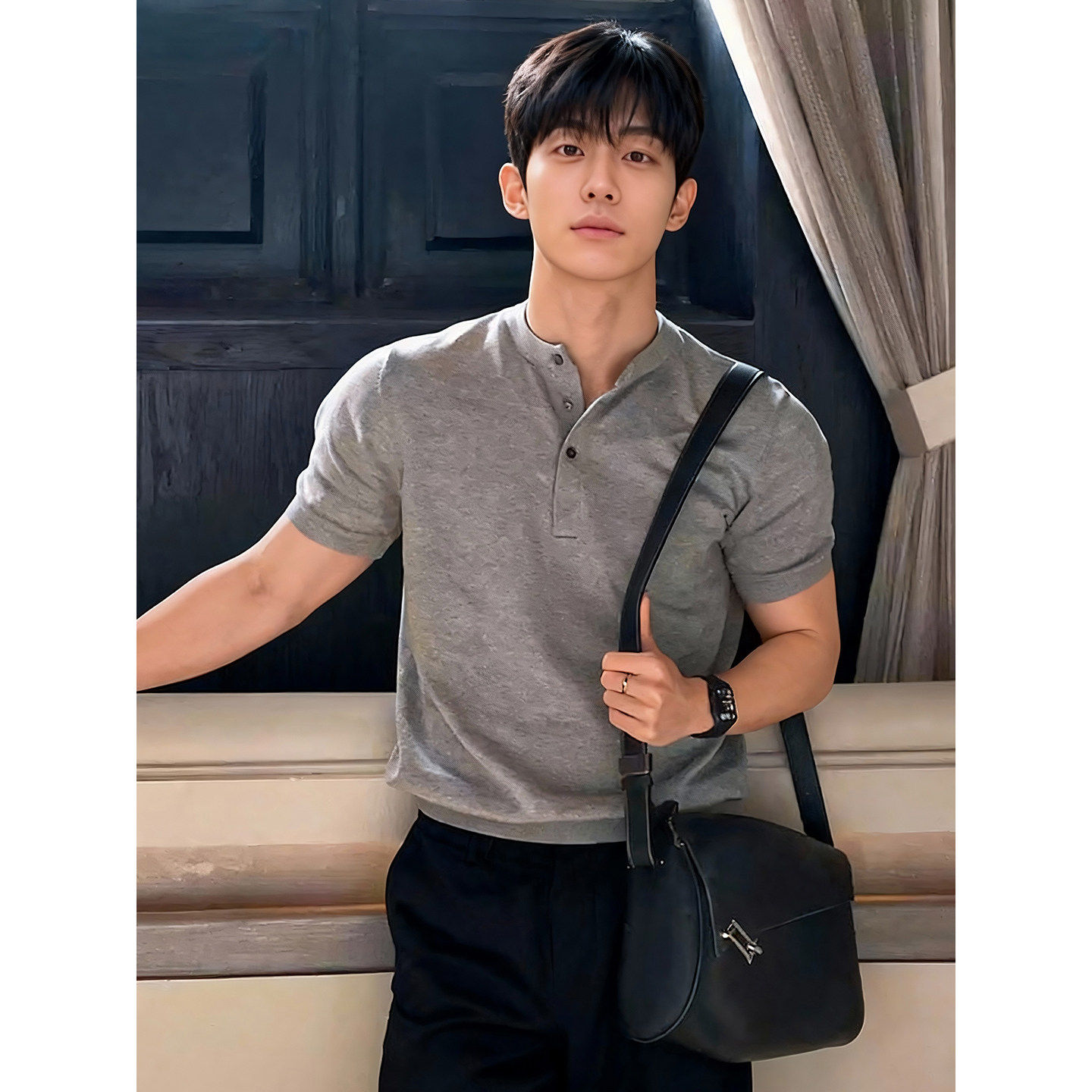 韩国Uamtor男士短袖夏季灰色亨利领polo衫收袖口运动t恤美式半袖