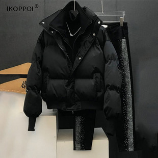 高端假两件轻薄羽绒服棉服男冬季短款黑色面包服时尚立领保暖外套