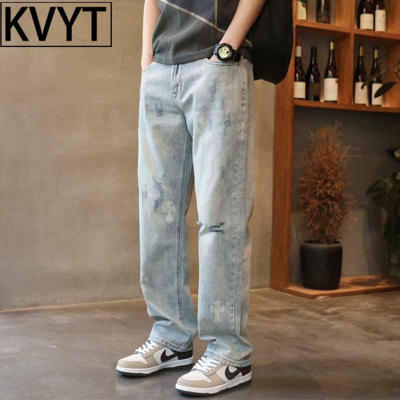 潮牌破洞牛仔裤男款2026新款夏季男裤高端印花痞帅直筒宽松休闲裤